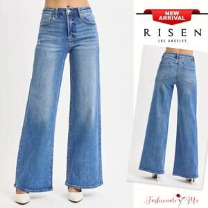 RISEN High Rise Waist Five Pocket Style Medium Wash Stretch Wide Leg Denim Jeans